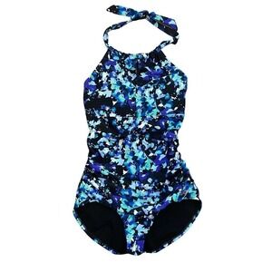 Speedo Swimsuit High Neck UV50 Halter Key Hole One Piece Blue Black Small